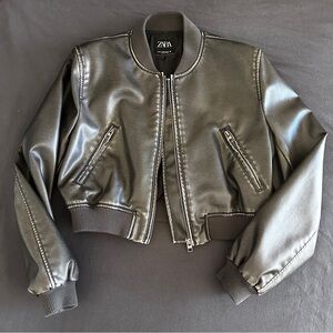 Zara Gray Cropped Bomber Jacket
